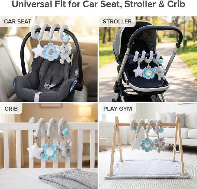Car Seat Toys Spiral Hanging Elephant, Baby 0-6 Months Newborn, Carseat Hanging for Stroller Toys & Crib Hanging, Infant 0-6 Months with Rattle BB Squeaker Mirror, Baby Car Seat for Babies Boy Girl