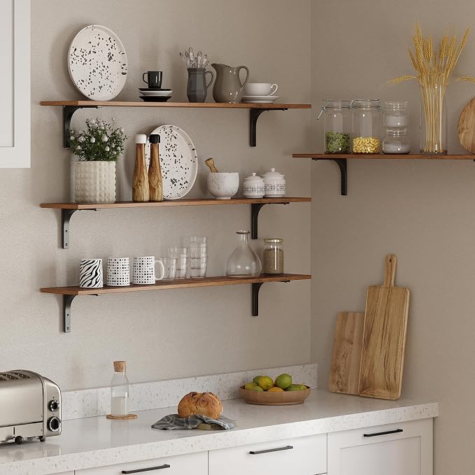 DINZI LVJ Long Wall Shelves, 47.3Inch Wall Mounted Shelves Set of 2, Extra Large Floating Storage Ledges with Sturdy Metal Brackets for Living Room, Bathroom, Bedroom, Kitchen, Rustic Brown