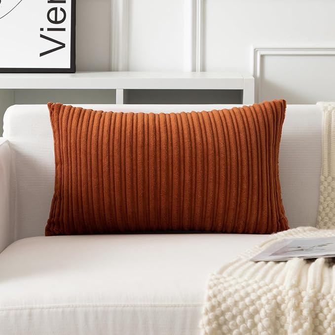 UGASA Fall 14x24 Inch Pillow Cover Pack of 1 Soft Boho Stripe Corduroy Long Rectangle Lumbar Cushion Case Farmhouse Decorative Throw Pilowcase for Bed, Couch, Sofa, Bedroom, Living Room, Burnt Orange