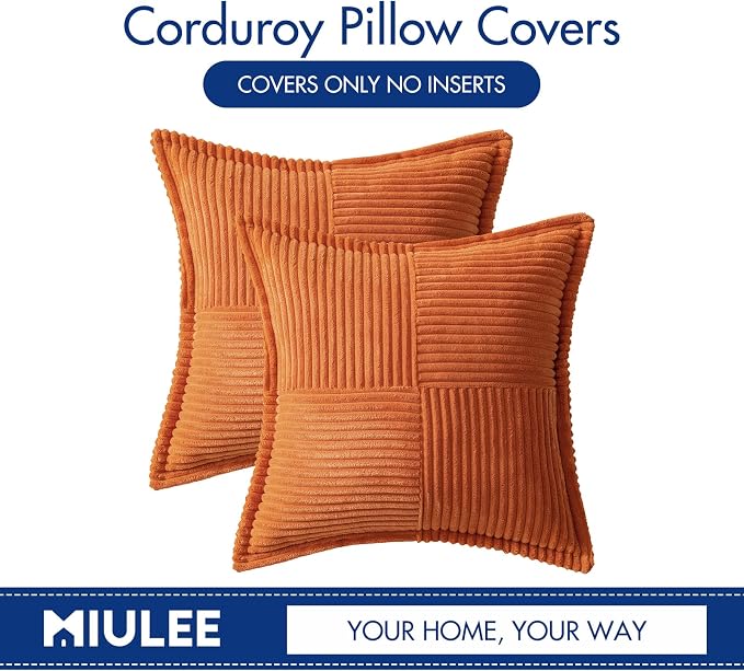 MIULEE Fall Orange Decorative Throw Pillow Covers for Couch Bed Livingroom 16x16 Inch Set of 2 Boho Accent Throw Pllows Broadside Striped Patchwork Soft Corduroy Pillowcases