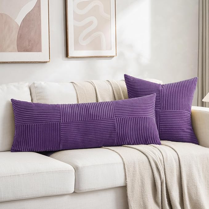 Fancy Homi Set of 2, Purple Patchwork Corduroy Decorative Soft Striped Modern Accent Cushion Case Farmhouse Boho Neutral Throw Pillow Covers for Chair Couch Bed Sofa Living Room 36x14 Inch