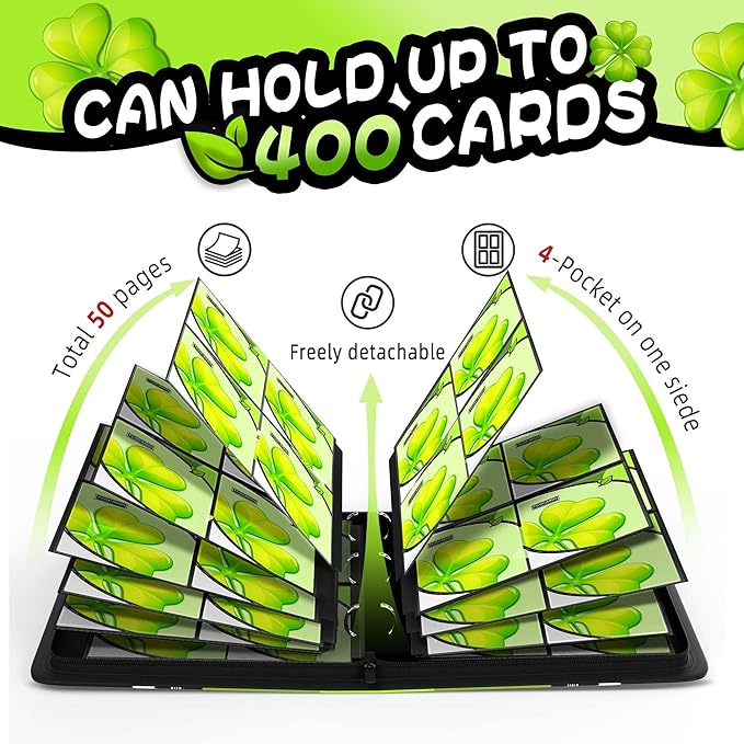 Trading Card Binder 4 Pocket,400 Pocket Card Collection Binder with 50 Removable Sleeves,PU Waterproof Top Card Book,3-Ring Zipper Collectible Trading Card Album for MTG/TCG/Card Holder Gift（(Leaf）