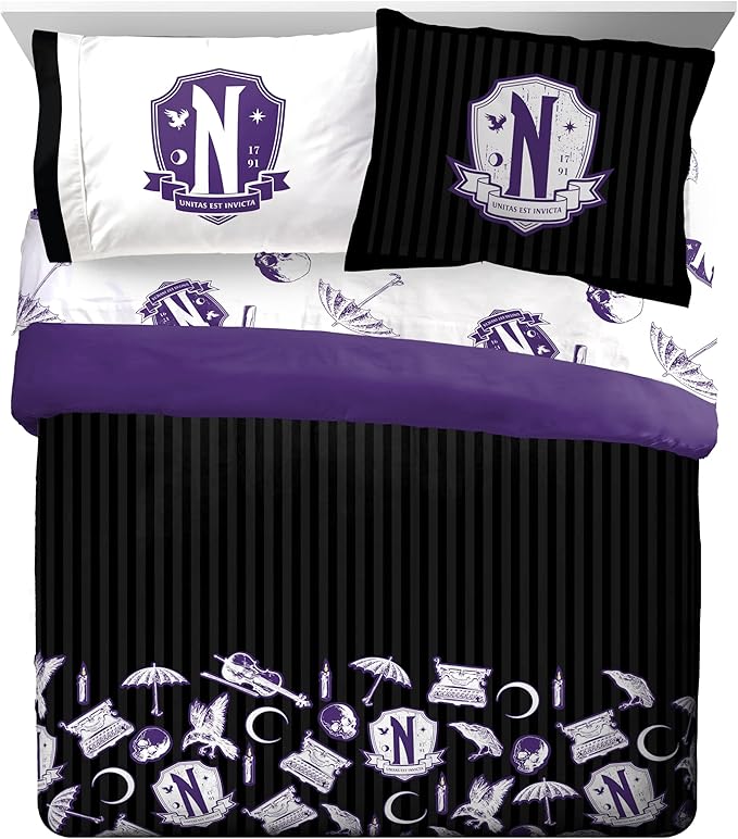 Jay Franco Wednesday Addams Queen Comforter Set - 7 Piece Bedding Includes Sheet Set & Pillow Covers - Black and Grey Stripes Super Soft Kids Bedding
