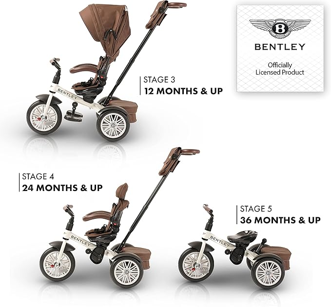 Bentley Kids Trike, Toddler Bike 6-in-1, Officially Licensed & Designed by Bentley Motors UK; This Baby to Big Kid Tricycle is a Compelling Statement of Performance and Luxury, White Satin (6m-5y+)