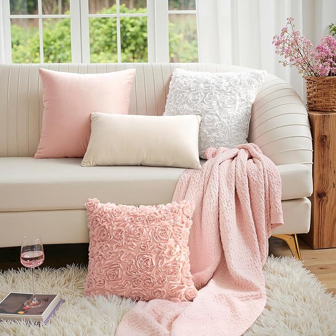 MIULEE Decorative Rose Flower Pillow Covers Pack of 2 Peach Pink 16x16 Inch | Cute Romantic Stereo Chiffon Throw Pillow Cover Aesthetic Solid Pillowcase for Girl Coquette Room Decor Coach Bedroom