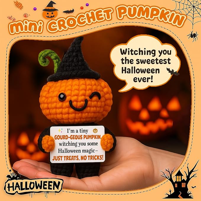 MAMAGIFTREE Halloween Crochet Pumpkin Witch Plush - Amigurumi Tiered Tray Decor - Spooky Cute Gothic Home Decor & Witchy Gifts - Handmade Fall Pumpkin Figurine
