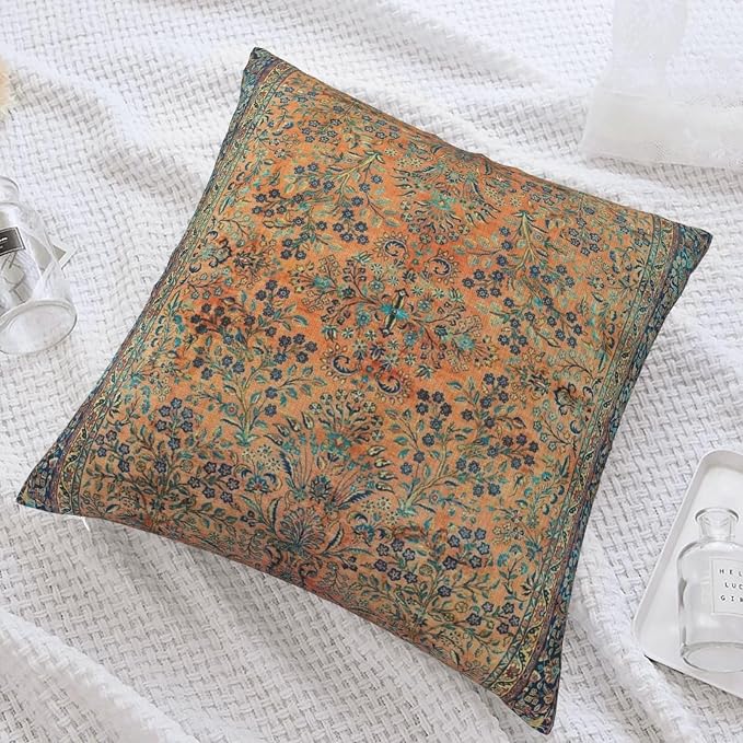 Manchester Kashan Floral Persian Carpet Print Art Pillow Covers Decorative Square Throw Pillowcase 18x18 Inch Couch Cushion Cover for Home Decor Living Room Bedroom College Dorm Bed Car Sofa