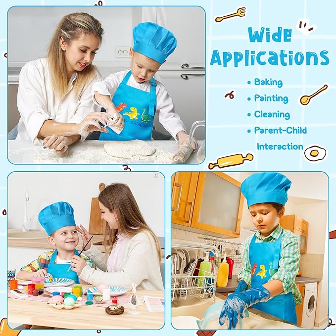 R HORSE Kid Apron and Chef Hat Set 2Pcs Adjustable Children Blue Kitchen Apron Dress up Role Play Chef Toy Kid Funny Cooking Gift Birthday Gift for Kids Cooking Baking Painting and Training