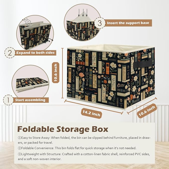 Dark Floral Book Storage Box Bins, Bookish Reading Lover Gifts Collapsible Storage Basket Organizer for Reading Room Corner Nook Library Girls Bedroom Home Clothes Books