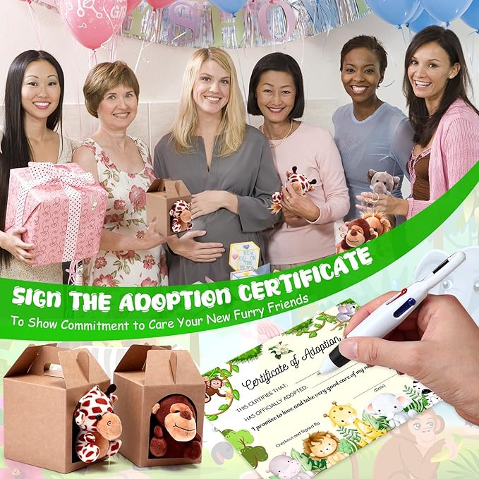 84 Pcs Adopt a Pet Party Favors 24 Mini Plush Stuffed Animals 10 White Plastic Fence 24 Paper Gift Boxes 24 Adoption Cards with Mini Chalkboard and Artificial Lawn(Safari Animals)