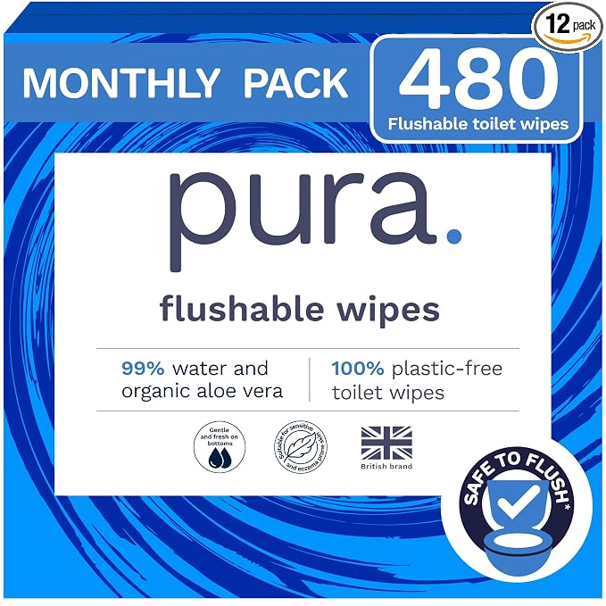 Pura XL Flushable Adult Wipes Unscented, Extra Large Family Wet Wipes with Aloe Vera & 99% Water, Sensitive Skin, 12 Pack of 40 (480 Wipes), Personal Hygiene Toilet