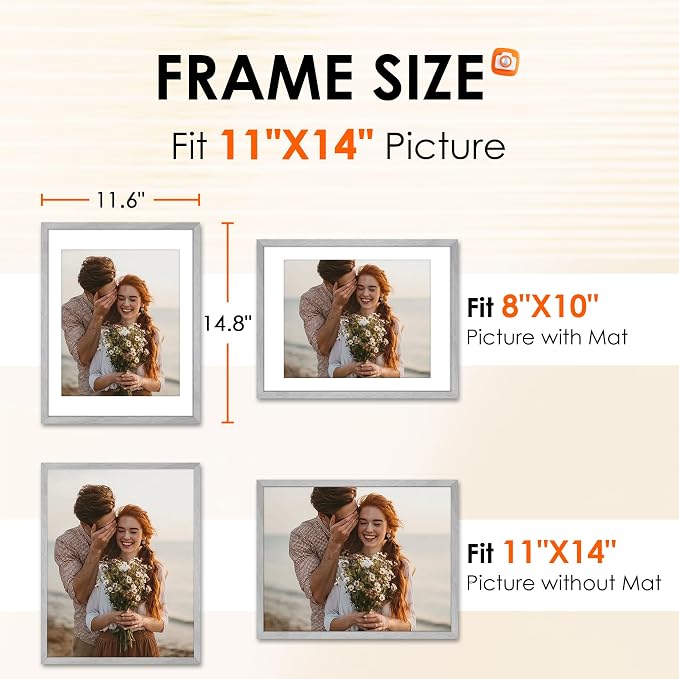 FIXSMITH 11x14 Picture Frame 2 Pack, Marble Gray Photo Frame with HD Plexiglass, Display Pictures 8x10 with Mat or 11x14 Without Mat, Marble Gray Picture Frames Collage Wall Decor, Gallary Wall Frame