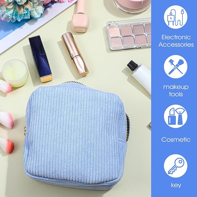 Xinjoduz 1 PCS Sanitary Napkin Storage Bag, Mini Makeup Bag with Zipper Corduroy Period Bags for Teen Girls for School Small Square Cosmetic Pounch Menstrual Pad Bag Tampon Holder for Purse (Blue)