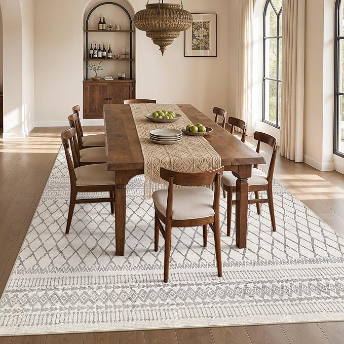 cotiled 9x12 Area Rugs Living Room Rug: Washable Boho Rugs with Non Slip Backing Large Soft Indoor Stain Resistant Carpet for Bedroom Farmhouse Dining Room Lightweight Home Decor Beige/Gray