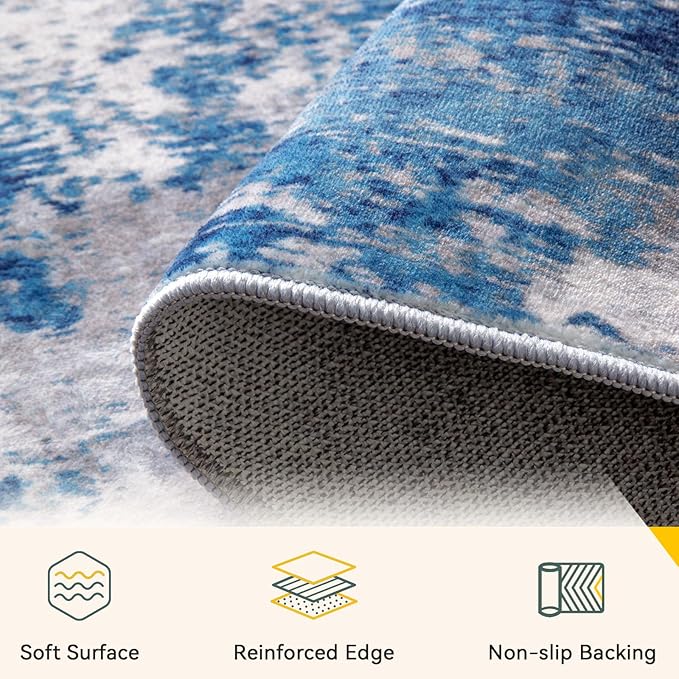 RELEANY Washable Runner 3'x7' Abstract Area Rug for Hallway Blue Gray | carpet for kitchen, entryway, bathroom, living room, bedroom, printed pattern, non-slip, soft, stain-resistant, easy to clean