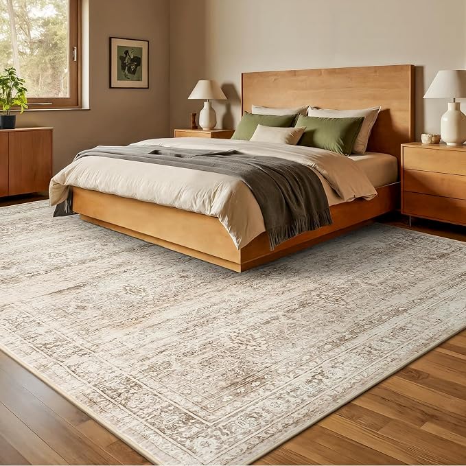 9x12 Area Rug for Living Room, Non-Slip Washable Beige Large Carpet | Soft Neutral Rugs for Bedroom, Dining Room, Home Office Indoor Nursery, Stain Resistant, Low Pile, Vintage Distressed Rug