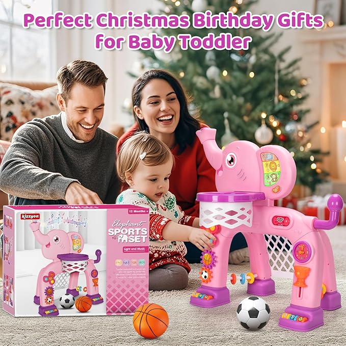 Toddler Basketball Hoop & Soccer Goal Sports Toys for 1 2 3 Years Old Girls Boys, Montessori Toys, Interactive Musical Toy with Lights, Christmas Birthday Gifts for Baby Kids Age 12-18 Months(Pink