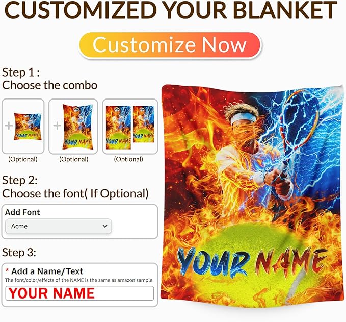 Boys Blanket Personalized Tennis Throw Blankets for Toddler Kids, Cool Sport Theme Decor Stuff 30x40 Inches Cozy Soft Custom Throw for Sofa Couch Bed Office
