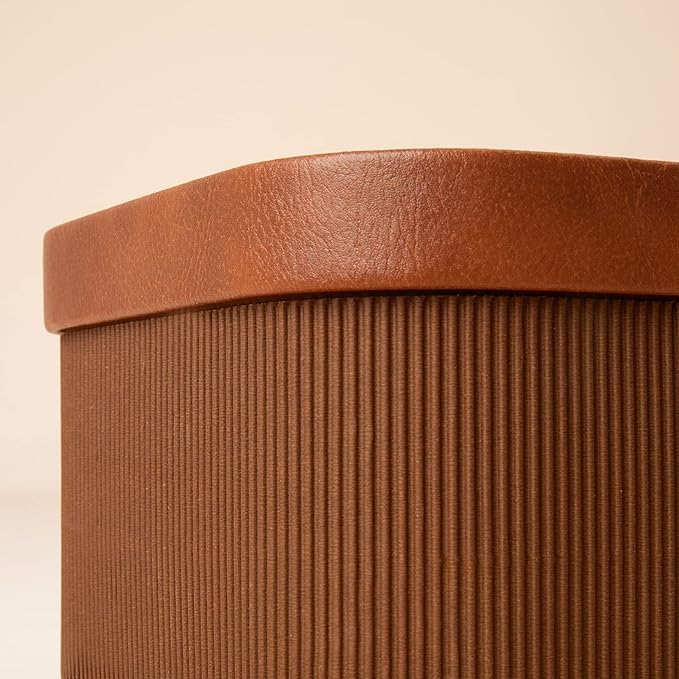 LA JOLIE MUSE Decorative Storage Boxes with Lids Faux Leather, Brown 3 Pack | Vegan Leather Lids, Fluted Cardboard Storage Basket, Organizer for Jewelry, Shelves, Bedroom & Closet Storage Memory Box