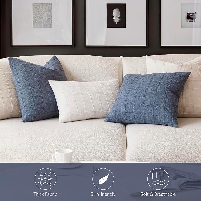 Foindtower Set of 2 Decorative Linen Check Throw Pillow Covers Neutral Farmhouse Lumbar Cushion Covers Modern Coastal Boho Home Decor for Sofa Chair Couch Bedroom Living Room,12×24 Inch,Blue