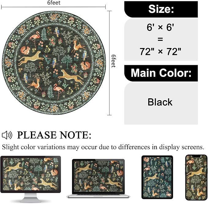 DUKINO 6ft Round Rug for Bedroom, Washable Soft Non Slip Circle Rug, Black | Low Pile, Stain Resistant, Animal Indoor Carpet for Living Room, Kitchen, Dining Room, Nursery, Farmhouse, Pet Friendly