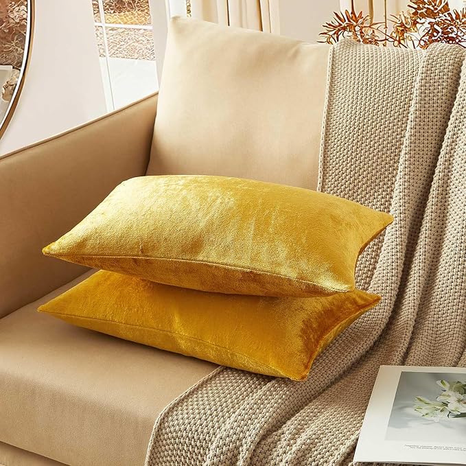 12x20 Throw Lumbar Pillow Covers Decorative Cushion Covers Set of 2,Golden | JUSPURBET Cozy Soft Velvet Pillow Cases with Invisible Zipper for Modern Couch Sofa Bed Living Room Bedroom Home Decor