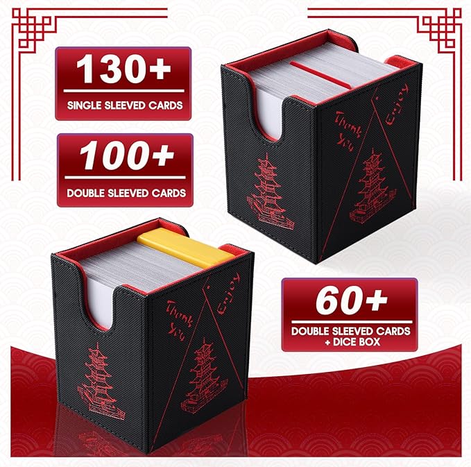 Venssu Chinese Takeout MTG Deck Box, Commander Deck Case Fits 100 Double Sleeved Cards, PU Leather Storage Box with 2 Dividers, Compatible with TCG/PTCG/EDH/Magic/Sport Cards (Black and Red)