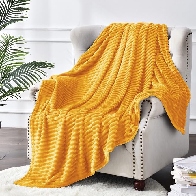 BEDELITE Ribbed Mustard Yellow Fleece Throw Blanket for Couch, 50x60 Inch | Soft Warm Decorative Fluffy Blanket, Cozy Plush Lightweight Fuzzy Throw Blanket for Bed Sofa Home Room Decor, Gift for Women