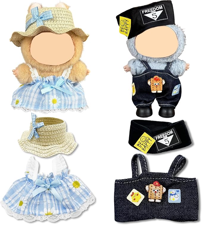 Doll Clothes for Labubu,Cute Outfit for 17cm Doll Clothe 2/3PCS Clothes and Hats Stylish Dolls Clothe for 17 cm Labubu,Casual Style Costumes for Labubu Dolls (Straw Captain Hat Set)