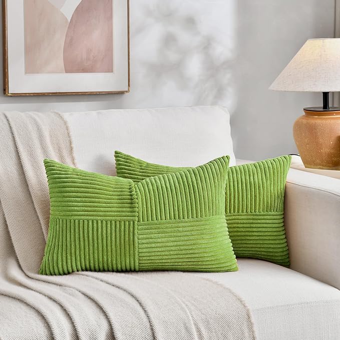 Fancy Homi Set of 2 Lime Green Long Lumbar Decorative Throw Pillow Covers 16x24 Inch for Couch Bed Sofa, Modern Farmhouse Boho Home Decor, Soft Striped Corduroy Rectangle Accent Cushion Case 40x60 cm
