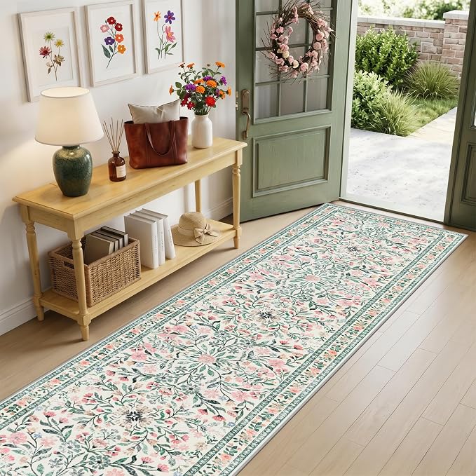 Runner Rug for Entryway: 2.6x10 Kitchen Rugs Non Slip Washable Ultra-Thin Soft Floral Carpet Indoor Floor Stain Resistant Carpets for Hallway Bedroom Kitchen Laundry Bathroom Dorm Green/Beige