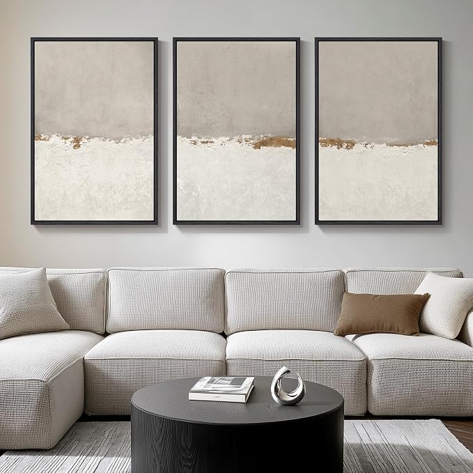 Large Framed Neutral Abstract Wall Art for Living Room, 3 Piece Modern Canvas Prints Paintings Artwork for Walls, Minimalist Beige Abstract Horizon Pictures for Hallway, Office Wall Decor 24x36 In