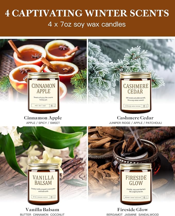 Scented Candles Gift Set, Long Lasting 4 Pack Aromatherapy Candles for Home | 28 oz 200 Hour Burn, Vanilla Balsam, Cinnamon Apple, Cashmere Cedar, Fireside Glow, Gifts