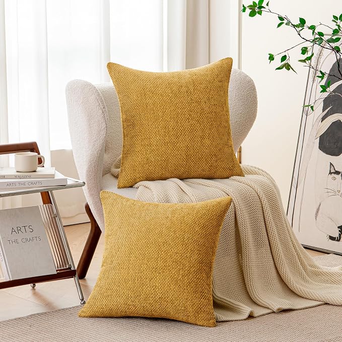 a moment Fall Mustard Yellow Chenille Throw Pillow Covers 18x18 Inch Pack of 2 Modern Decorative Throw Pillow Covers Farmhouse Cross Pillows Home Decor for Sofa Bedroom Living Room
