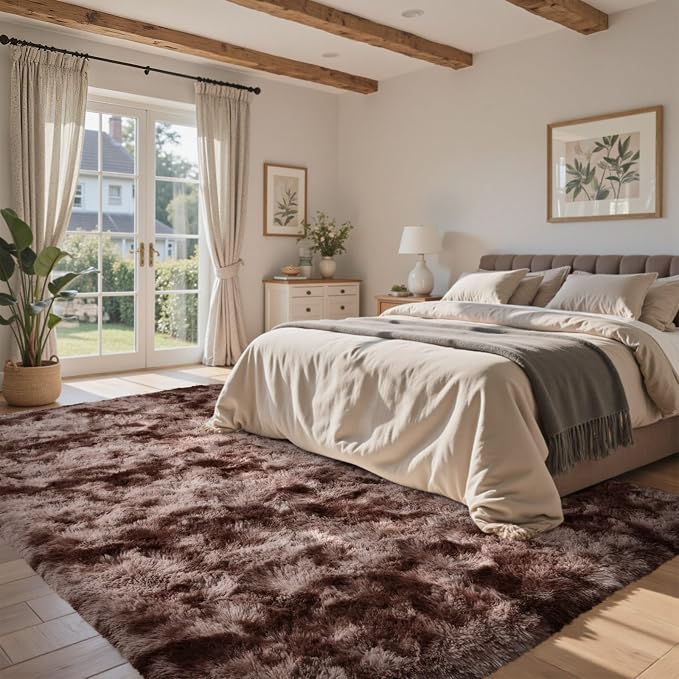 5x8 Brown Rugs for Living Room Fluffy Fur Bedroom Area Rug,Rustic Plush Non-Slip Dark Carpet for Book Room Office,Coffee Stain Resistant