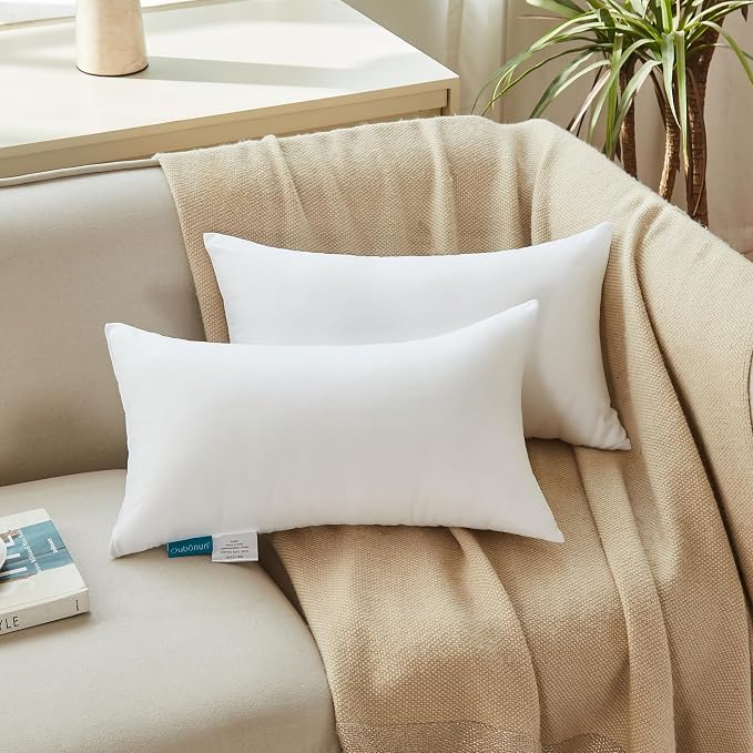 Oubonun 12 x 20 Throw Pillow Inserts | Soft, Plush & Decorative Down Alternative Pillows for Couch Sofa Bed, Machine Washable - White, Pack of 2