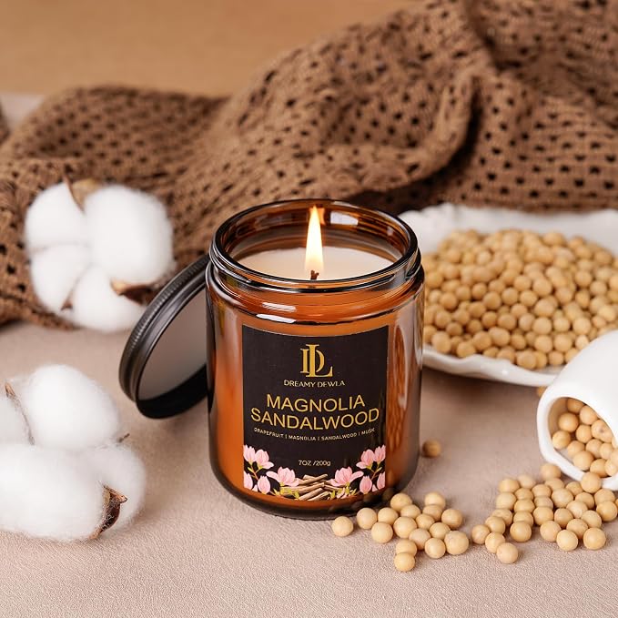 Magnolia & Sandalwood Scented Candles, Soy Candle for Home Scented, Amber Jar Candles Gifts for Men Women, 7oz