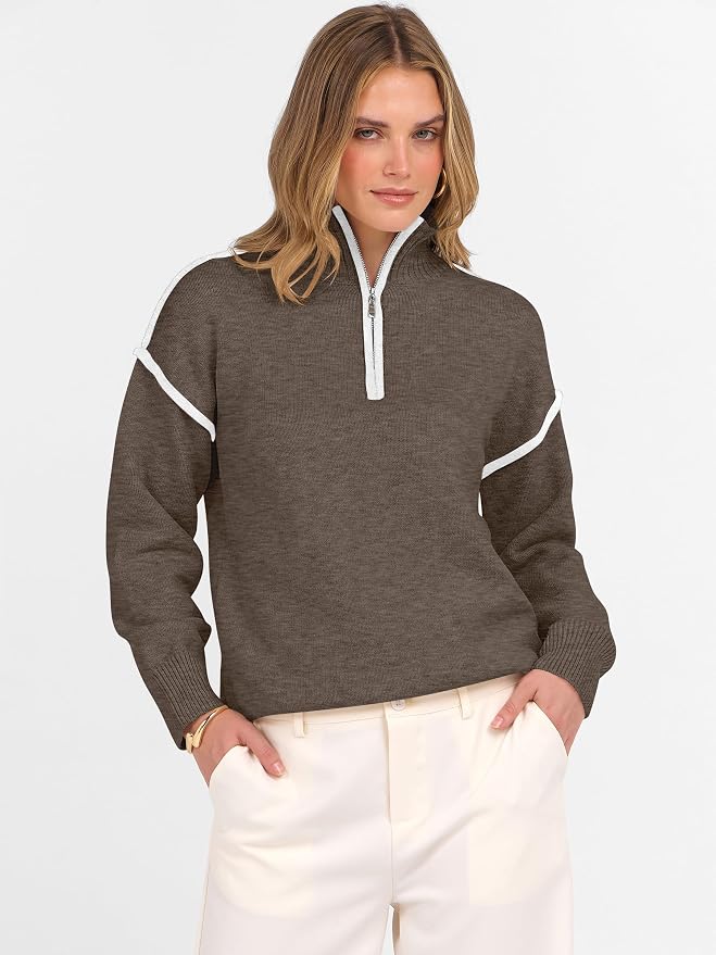 ANRABESS Womens Quarter Zip Sweaters Fall Long Sleeve V Neck Shirts Collared Business Casual Tops Knit Pullover Sweatshirts