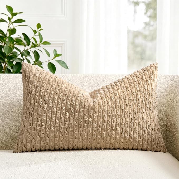 Kevin Textile Soft Corduroy 12"x20" Lumbar Pillow Cover 1 Pack, Tan | Boho Stripe Plush Corduroy Decorative Oblong Cushion Cover Modern Farmhouse Home Decor for Sofa Couch Bed Chair