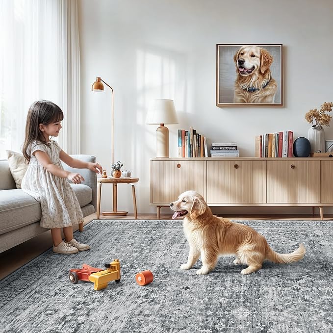 6x9 Area Rug for Living Room Bedroom, Non-Slip Washable Grey Carpet | Soft Neutral Rugs for Dining Room Home Office Indoor Nursery, Stain Resistant, Low Pile, Foldable, Vintage Distressed Rug