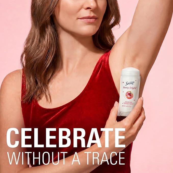 Secret Fresh Antiperspirant Deodorant for Women, 72hr Holiday Sweat & Odor Protection with Pro-Hyaluronic Acid, Invisible Solid, PH Balancing Minerals, Berry Bright Scent, 2.6 oz