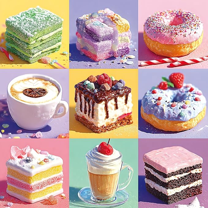 Colorful Desserts Jigsaw Puzzle for Adults 500 Pieces - Vibrant Sweet Treat Art Featuring Layered Jelly Cake, Sprinkle Donut & Fancy Coffee Drink, Fun & Relaxing Family Seniors Puzzle(20x20 Inch)
