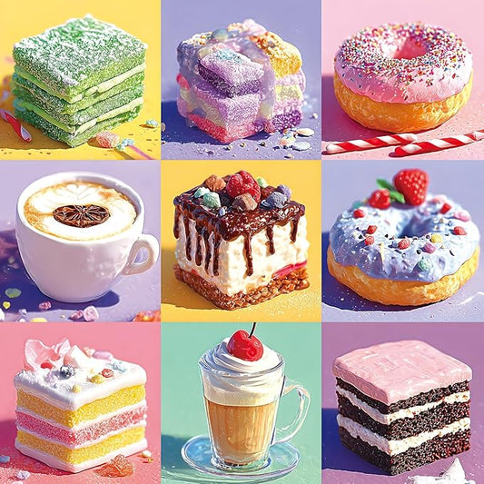 Colorful Desserts Jigsaw Puzzle for Adults 500 Pieces - Vibrant Sweet Treat Art Featuring Layered Jelly Cake, Sprinkle Donut & Fancy Coffee Drink, Fun & Relaxing Family Seniors Puzzle(20x20 Inch)