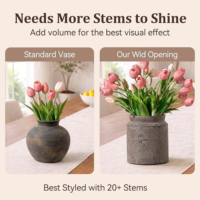 Ceramic Flower Vase 7.5 inch Farmhouse Rustic Vase for Home Decor Handcrafted Pottery Terracotta Vases for Dining Table Decor Fireplace Living Room Bathroom Wedding Centerpiece (M-Dark Gray)