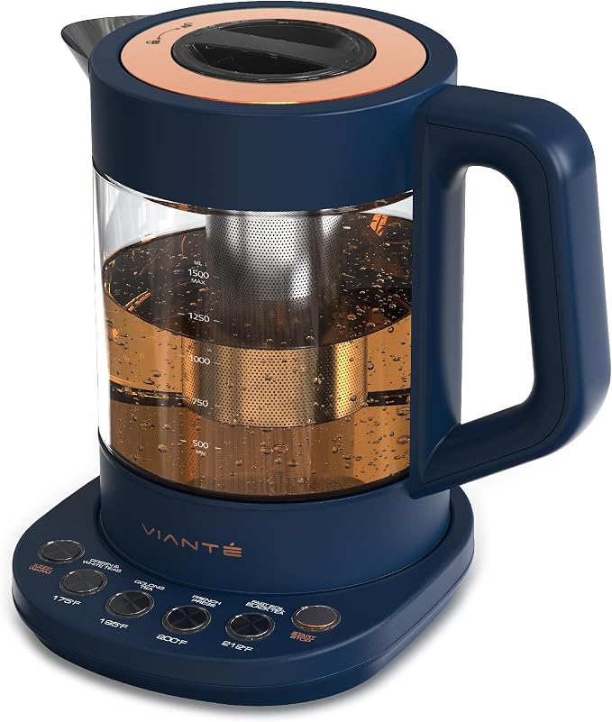 Viante Alba Electric Tea Kettle with Infuser, No Plastic In Contact With Water, 1.5L Borosilicate Glass, 304 Stainless Steel, 4 Temp Presets, Keep Warm, Cordless, Auto Shut-Off, Midnight Blue