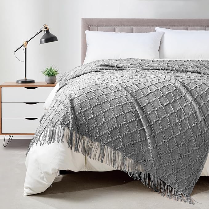 BOURINA Light Grey Throw Blanket 50 x70 Inch Jacquard Throw Knitted Blanket | Jacquard Argyle Throw Textured Solid Soft Throws and Blankets for Sofa or Bed Knitted Decorative Blanket