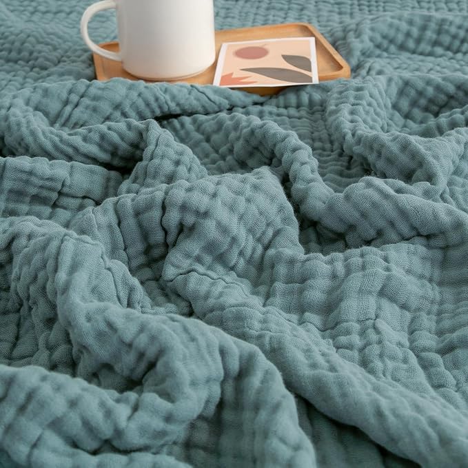 EMME Muslin Blankets for Adults Teal Small Blanket 40" x 50" | Throw Blanket for Couch Breathable Gauze Soft Lightweight Airy Light