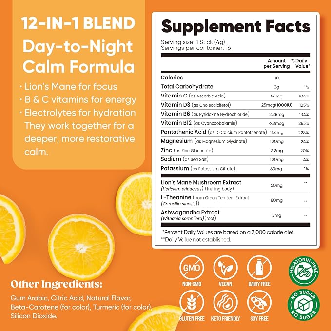Venture Pal Calm Drink Mix, 12-in-1 Cortisol Reducer and Sleep Aid with Magnesium Glycinate, Ashwagandha, L-Theanine,Vitamin D, Calm Magnesium Powder for Relax & Focus, No Sugar, Non GMO