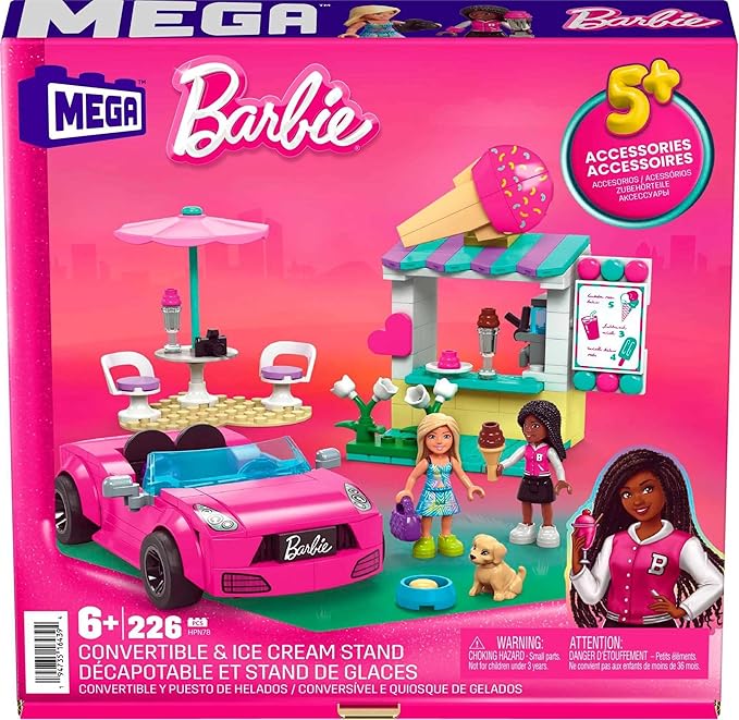 MEGA Barbie Kids Building Toy Set, Convertible & Ice Cream Stand with 226 Pieces, 2 Micro-Dolls and Accessories, Pink, Ages 6+ Years