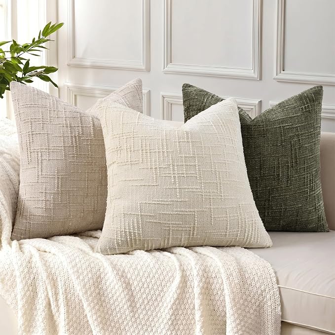 decorUhome Textured Chenille Throw Pillow Covers 26x26 Set of 2 Ivory | Fall Modern Farmhouse Soft Cozy Slubby Couch Pillow Cases Boho Decorative Pillow Cases for Bed Sofa Living Room Home Decor